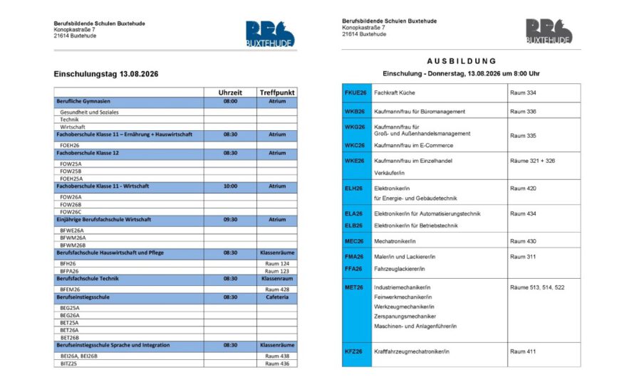 1.Schultag: Donnerstag, 13.08.2026 – Wo treffen wir uns?
